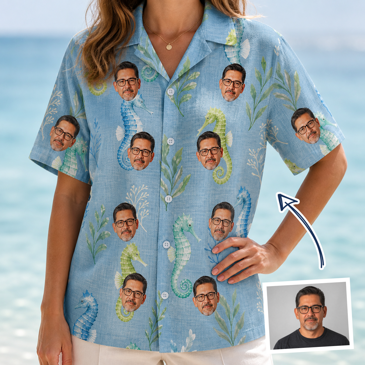 Woman wearing Women's Sea Pony Society Custom Face Hawaiian Shirt — custom faces printed all-over