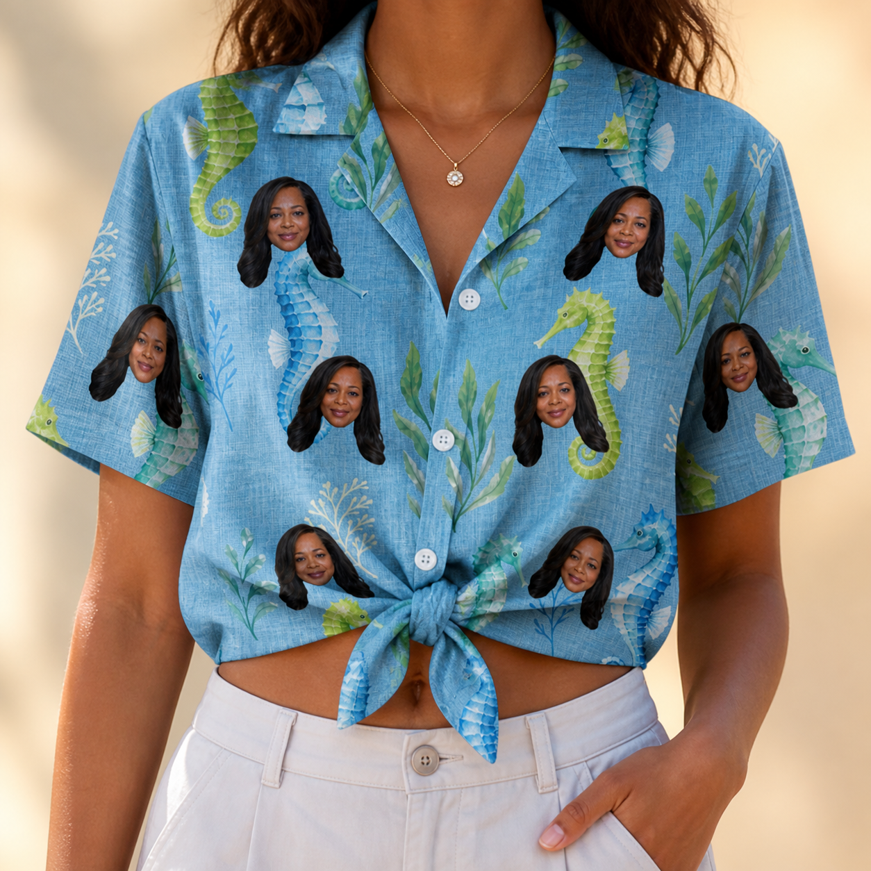Woman wearing Women's Sea Pony Society Custom Face Hawaiian Shirt tied at the waist
