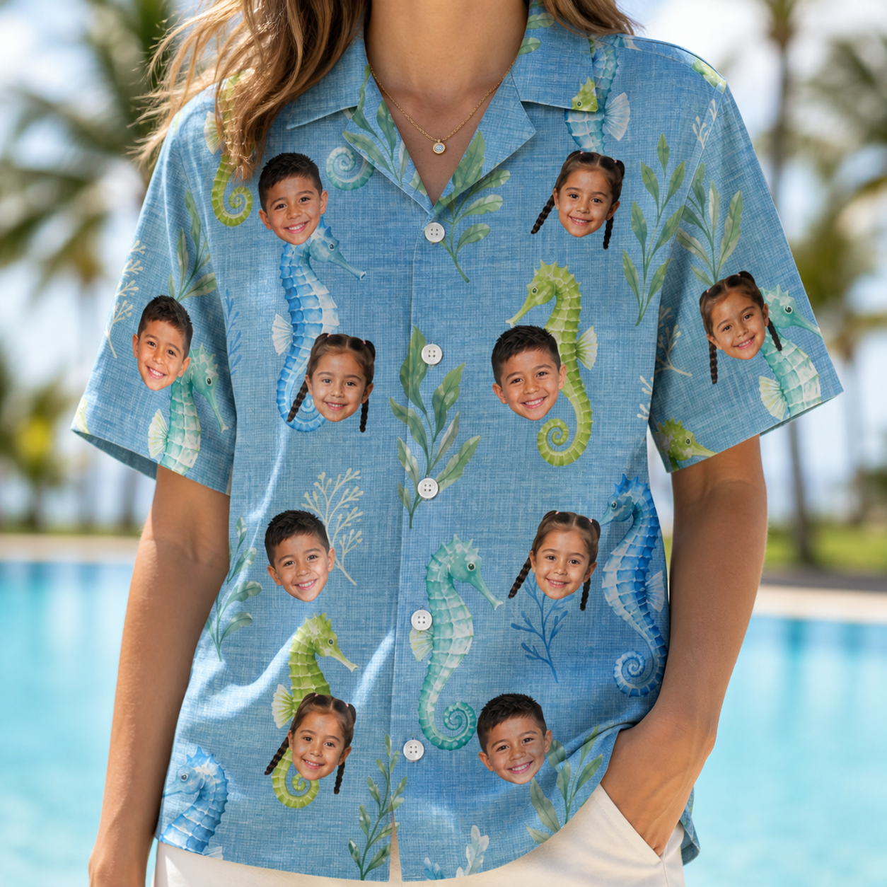 Model wearing Women's Sea Pony Society Custom Face Hawaiian Shirt printed with kids' faces