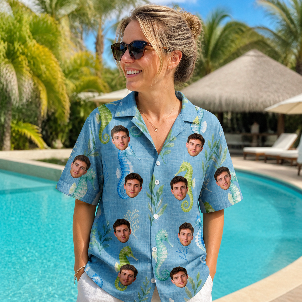 Real-life photo of someone wearing Women's Sea Pony Society Custom Face Hawaiian Shirt — custom faces printed all-over