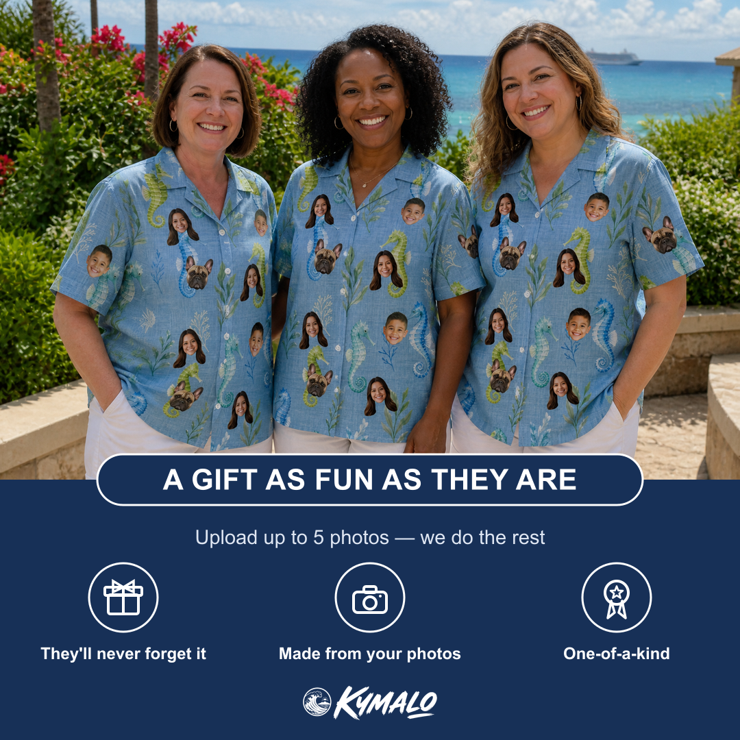 Friends in matching Women's Sea Pony Society Custom Face Hawaiian Shirt — a group gift photo