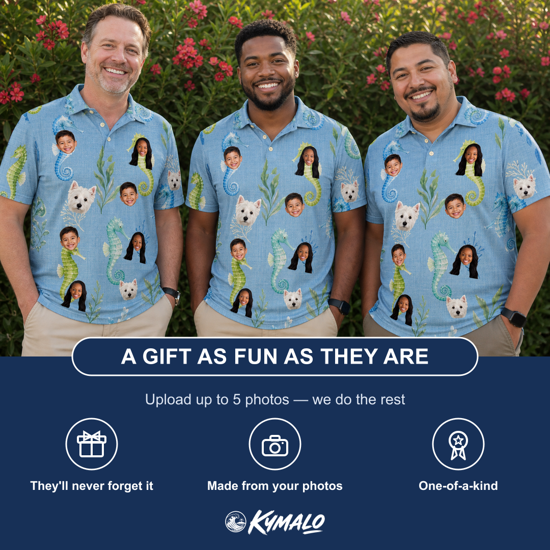 Friends in matching Men's Sea Pony Society Custom Face Polo Shirt — a group gift photo