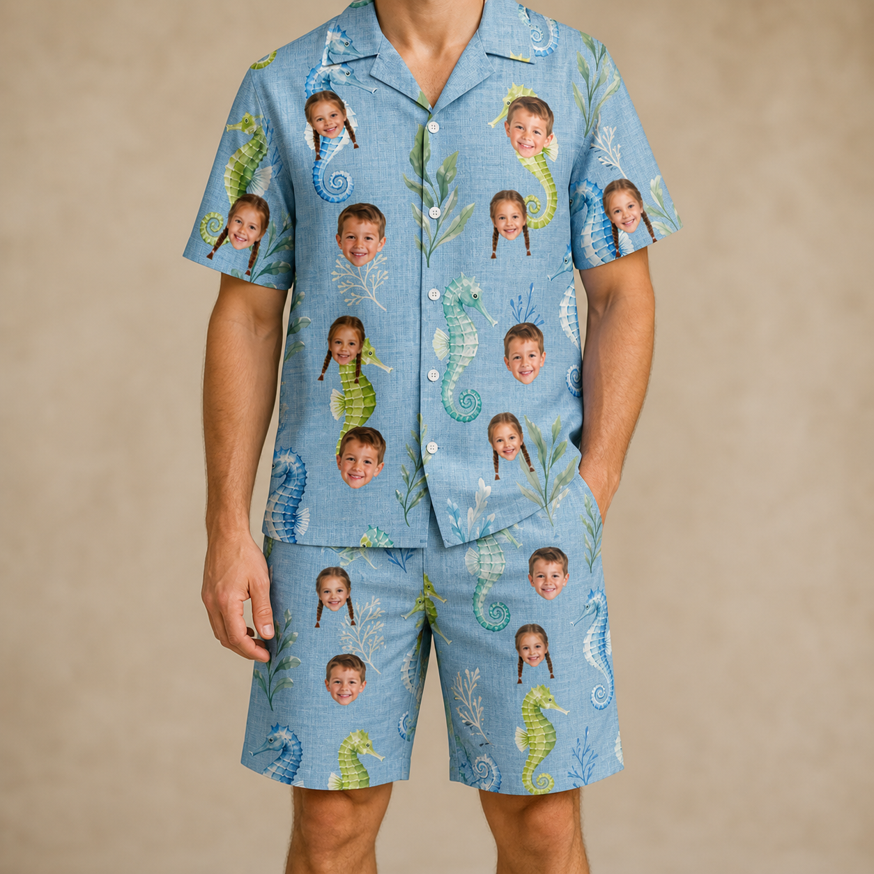 Model wearing Men's Sea Pony Society Custom Face Shirt & Shorts Set printed with kids' faces