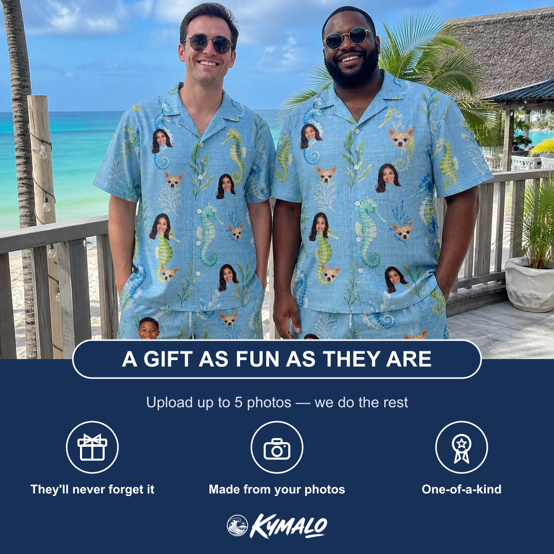Friends in matching Men's Sea Pony Society Custom Face Shirt & Shorts Set — a group gift photo