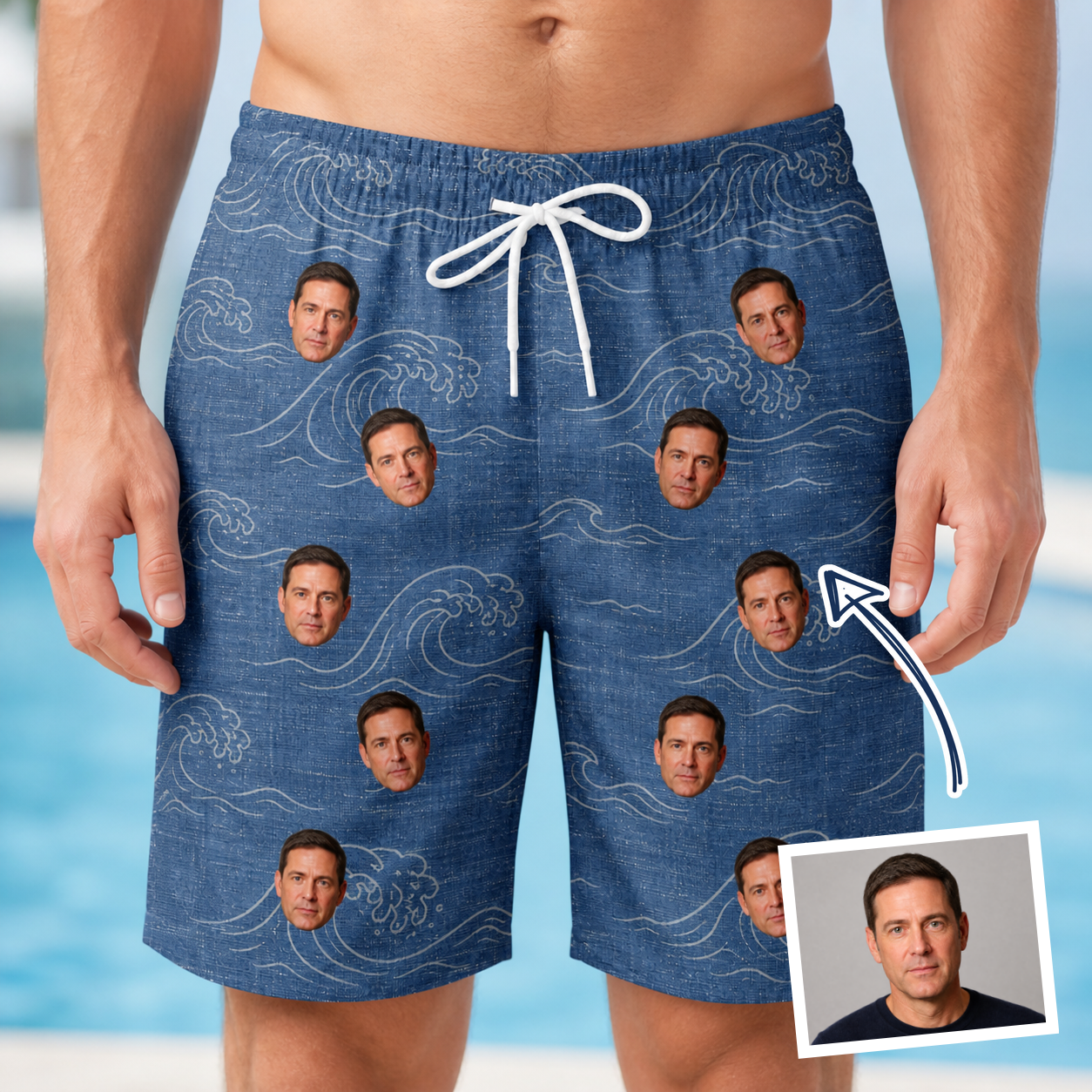 Man wearing Men's Wave Wobble Custom Face Beach Shorts — custom faces printed all-over