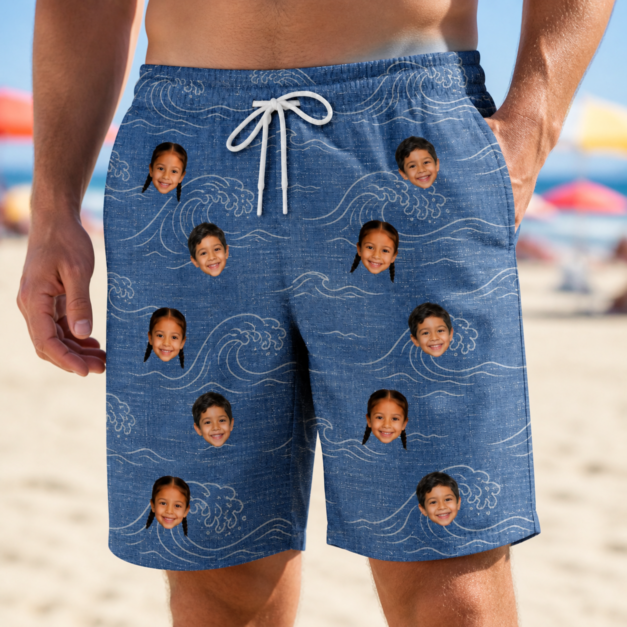 Model wearing Men's Wave Wobble Custom Face Beach Shorts printed with kids' faces