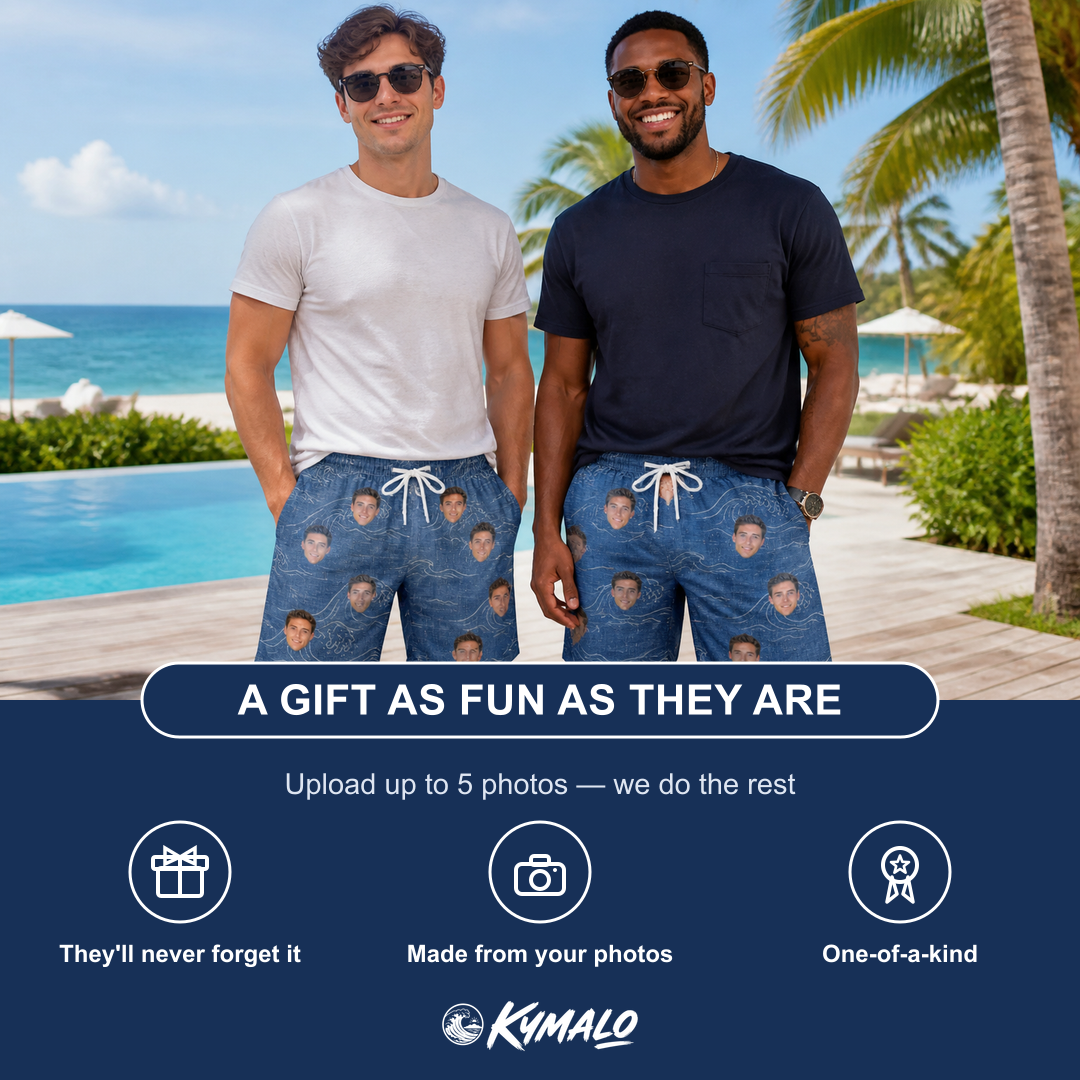 Friends in matching Men's Wave Wobble Custom Face Beach Shorts — a group gift photo