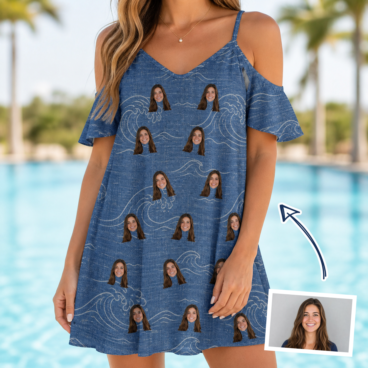Woman wearing Women's Wave Wobble Custom Face Off-Shoulder Dress — custom faces printed all-over
