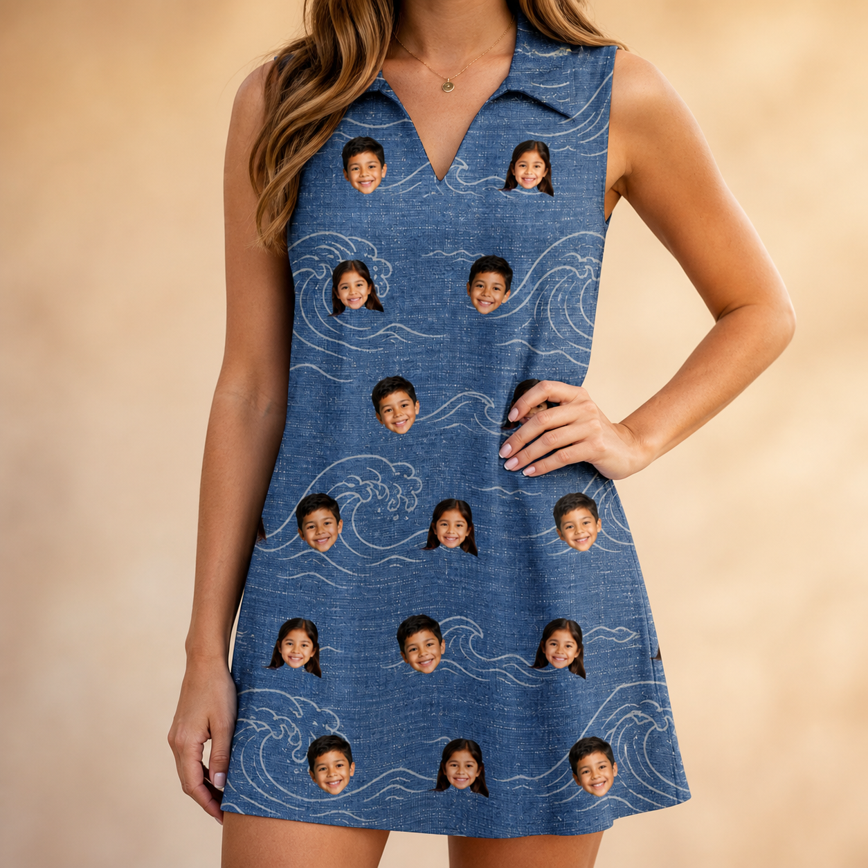 Model wearing Women's Wave Wobble Custom Face V-Neck Dress printed with kids' faces