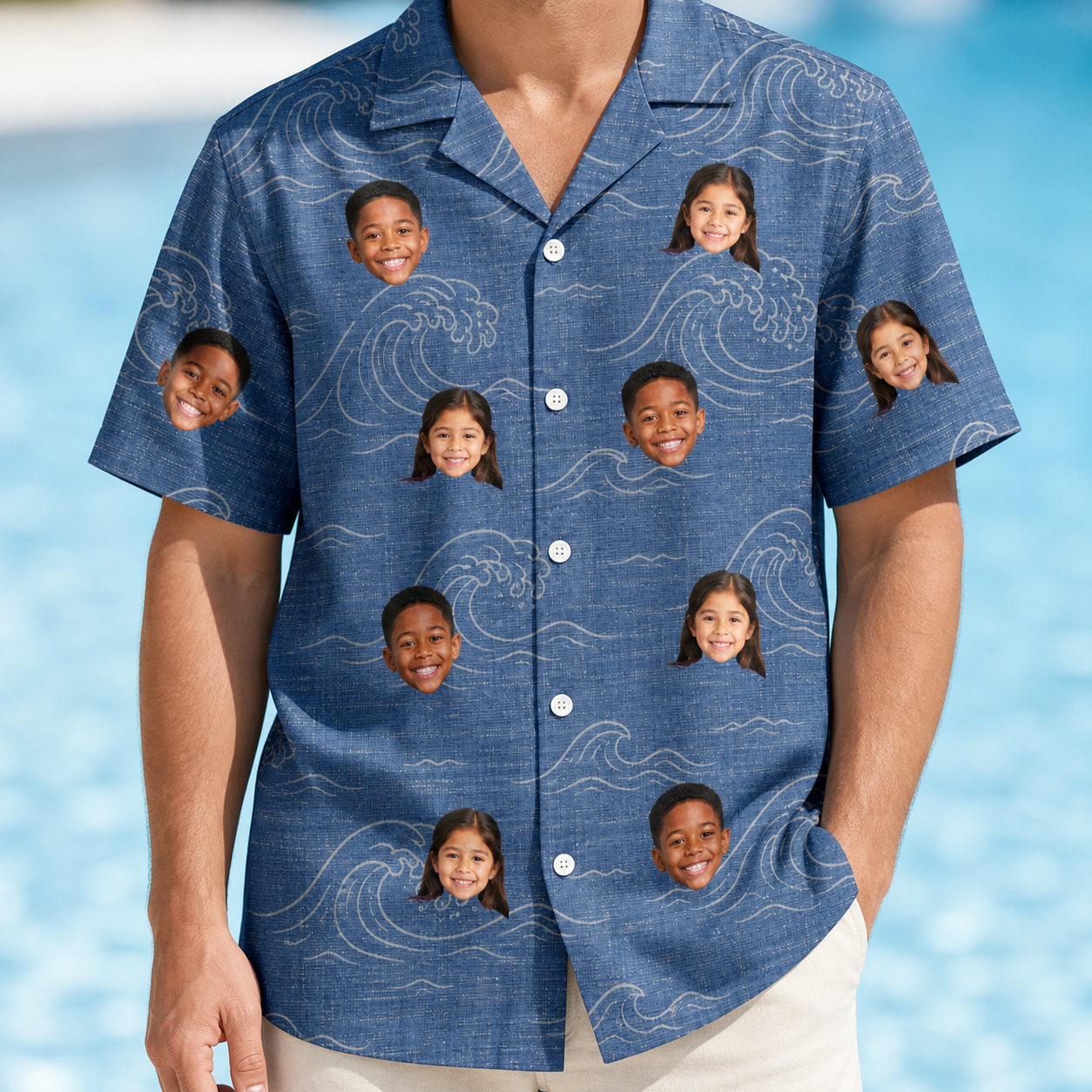 Model wearing Men's Wave Wobble Custom Face Hawaiian Shirt printed with kids' faces