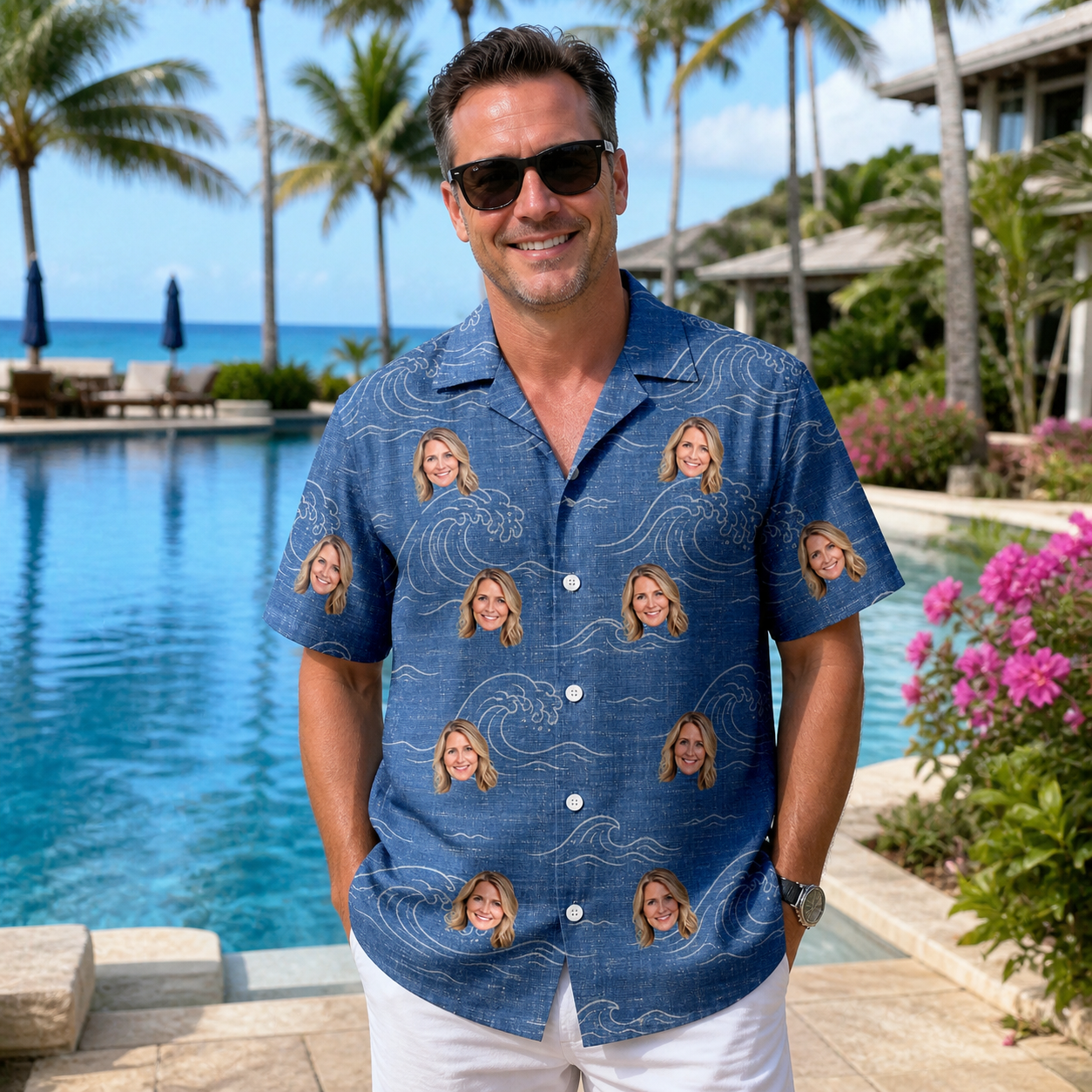 Real-life photo of someone wearing Men's Wave Wobble Custom Face Hawaiian Shirt — custom faces printed all-over