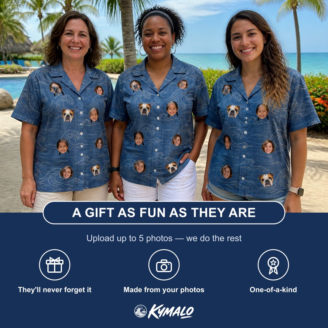 Friends in matching Women's Wave Wobble Custom Face Hawaiian Shirt — a group gift photo