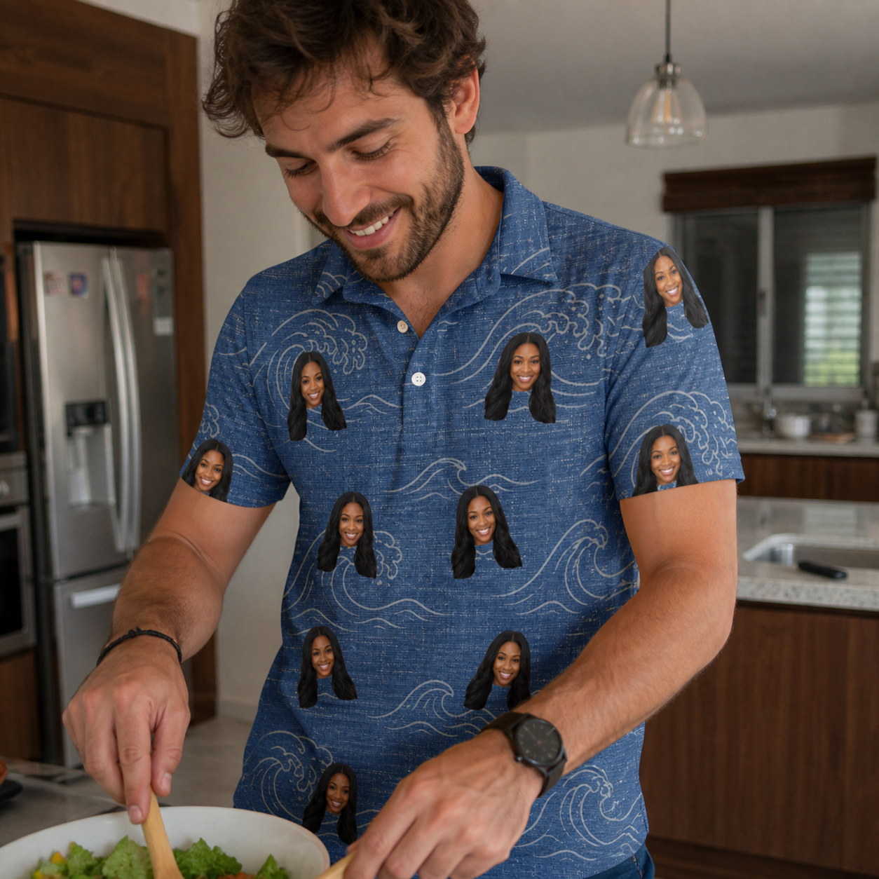 Real-life photo of someone wearing Men's Wave Wobble Custom Face Polo Shirt — custom faces printed all-over