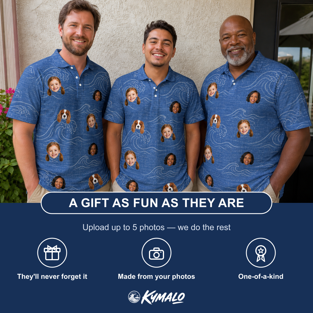 Friends in matching Men's Wave Wobble Custom Face Polo Shirt — a group gift photo