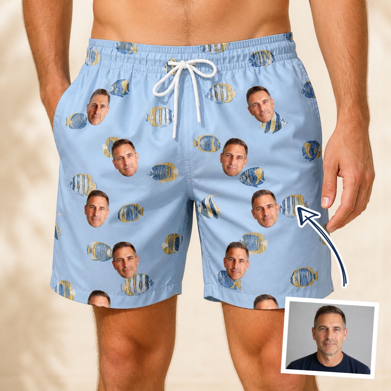 Man wearing Men's Aquatic Antics Custom Face Beach Shorts — custom faces printed all-over