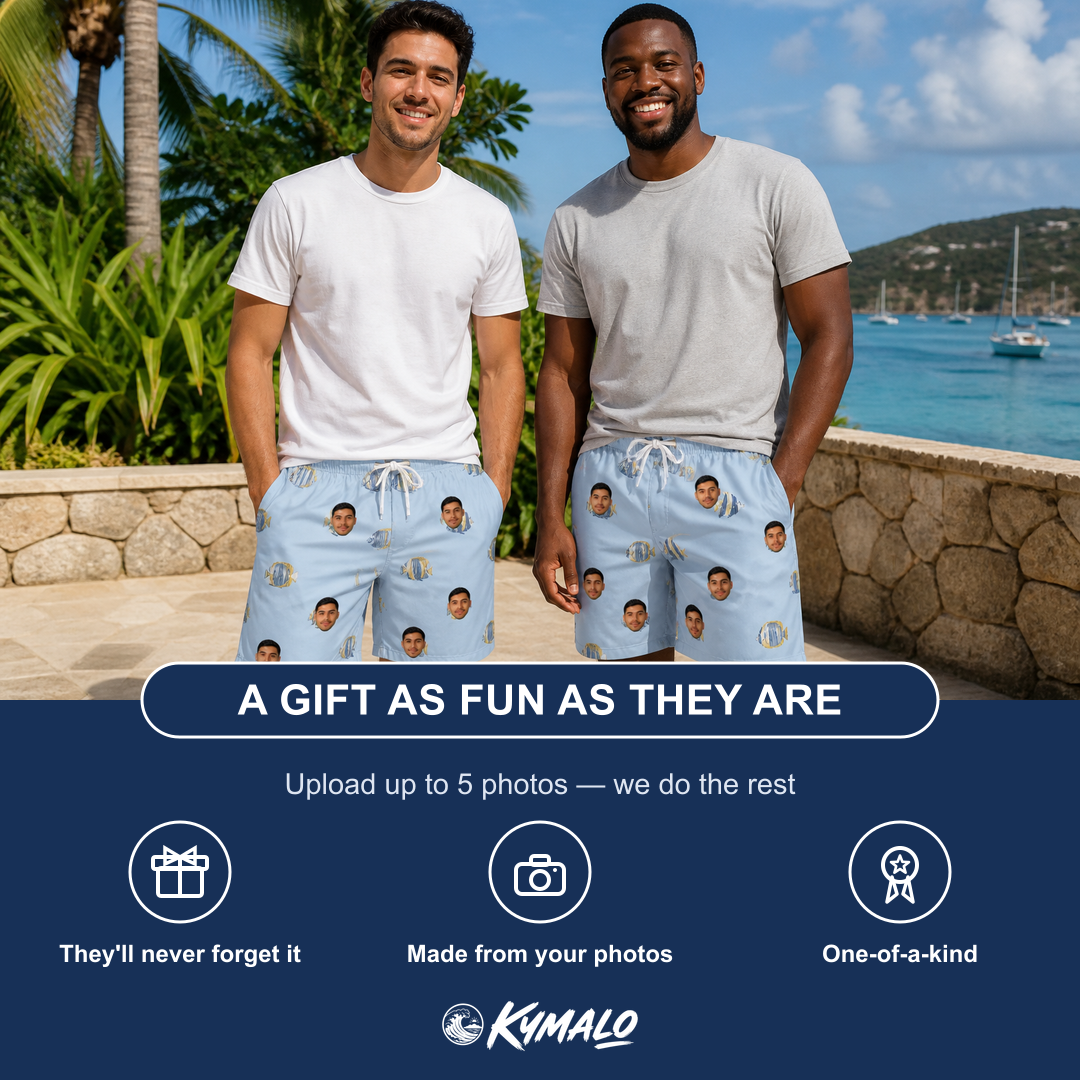 Friends in matching Men's Aquatic Antics Custom Face Beach Shorts — a group gift photo