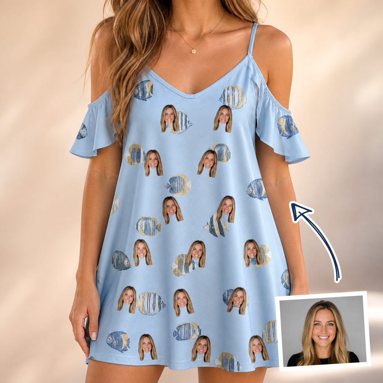 Woman wearing Women's Aquatic Antics Custom Face Off-Shoulder Dress — custom faces printed all-over