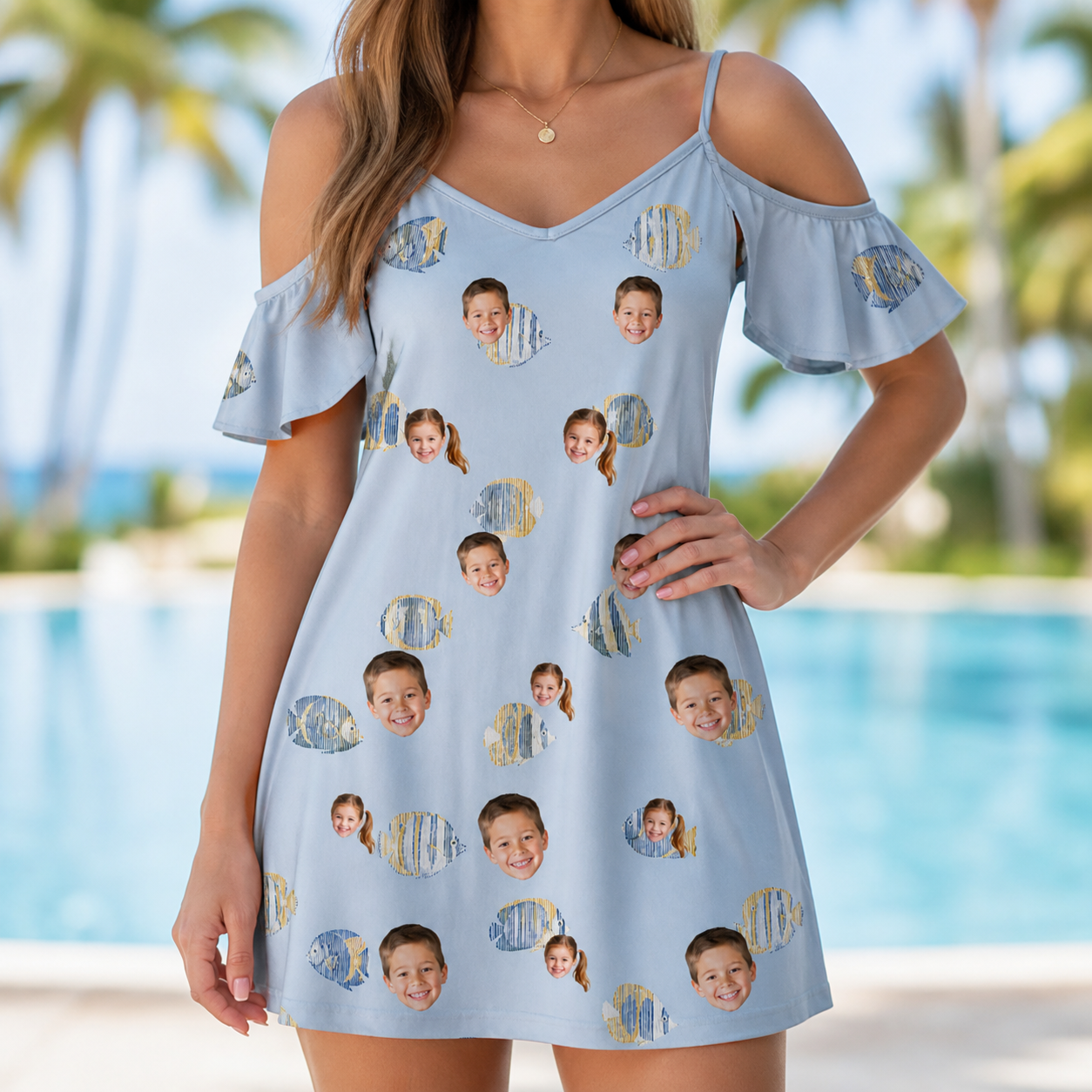 Model wearing Women's Aquatic Antics Custom Face Off-Shoulder Dress printed with kids' faces