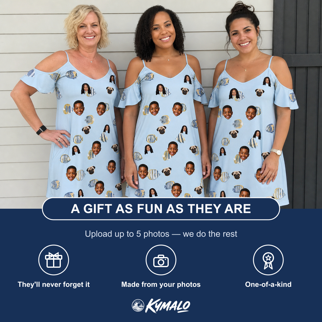 Friends in matching Women's Aquatic Antics Custom Face Off-Shoulder Dress — a group gift photo