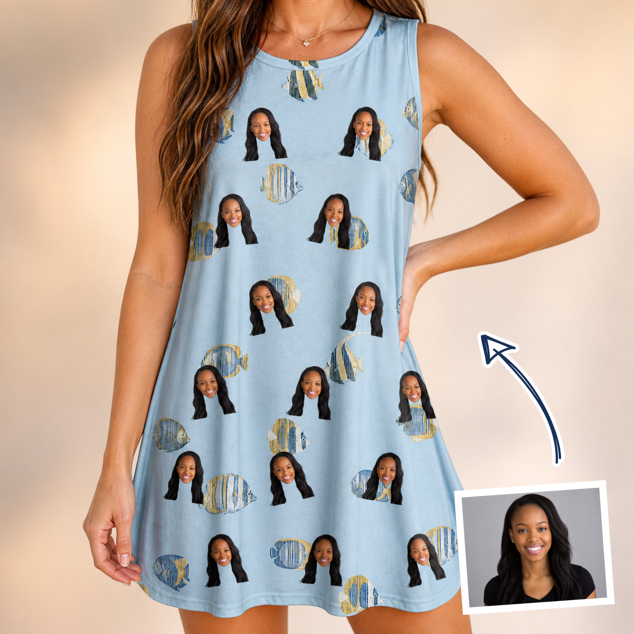 Woman wearing Women's Aquatic Antics Custom Face Tank Dress — custom faces printed all-over