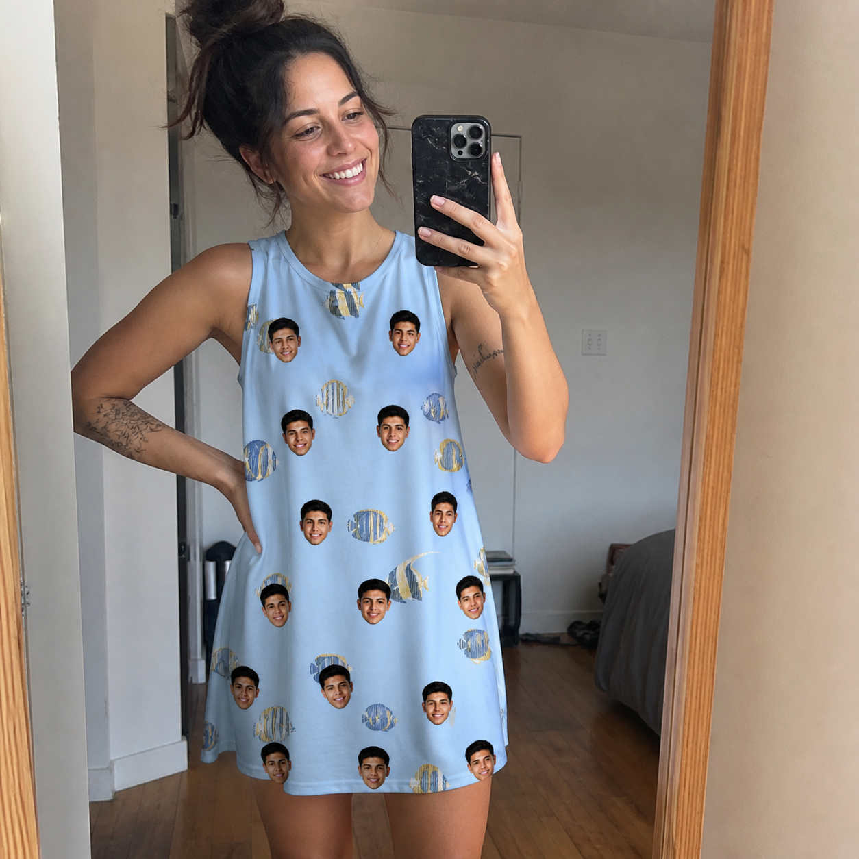 Real-life photo of someone wearing Women's Aquatic Antics Custom Face Tank Dress — custom faces printed all-over