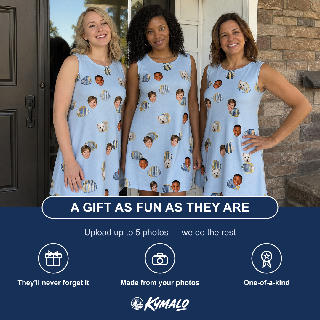 Friends in matching Women's Aquatic Antics Custom Face Tank Dress — a group gift photo
