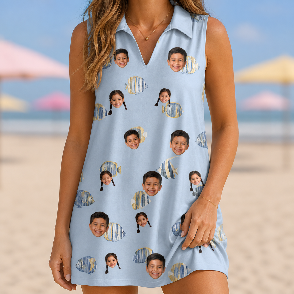 Model wearing Women's Aquatic Antics Custom Face V-Neck Dress printed with kids' faces