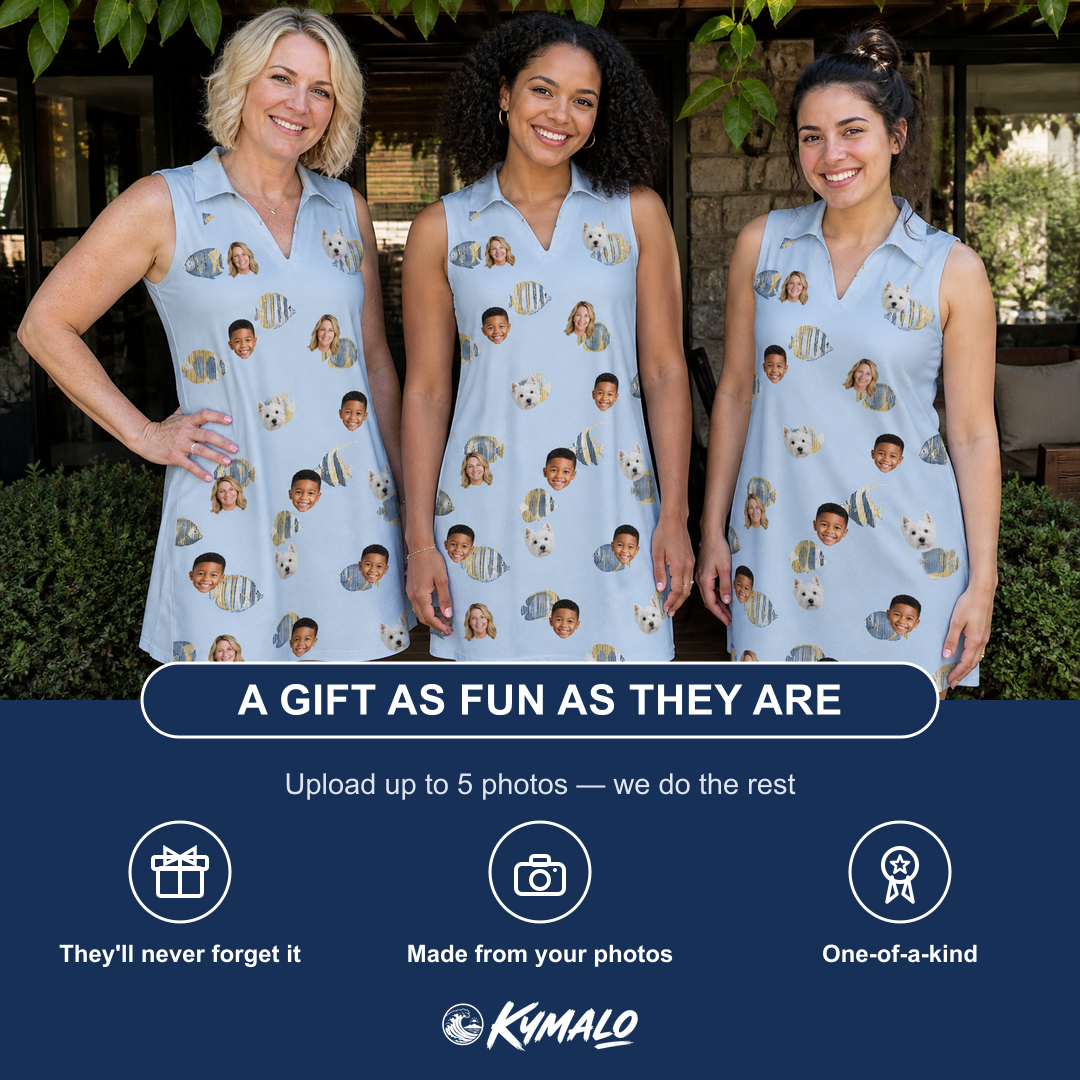 Friends in matching Women's Aquatic Antics Custom Face V-Neck Dress — a group gift photo