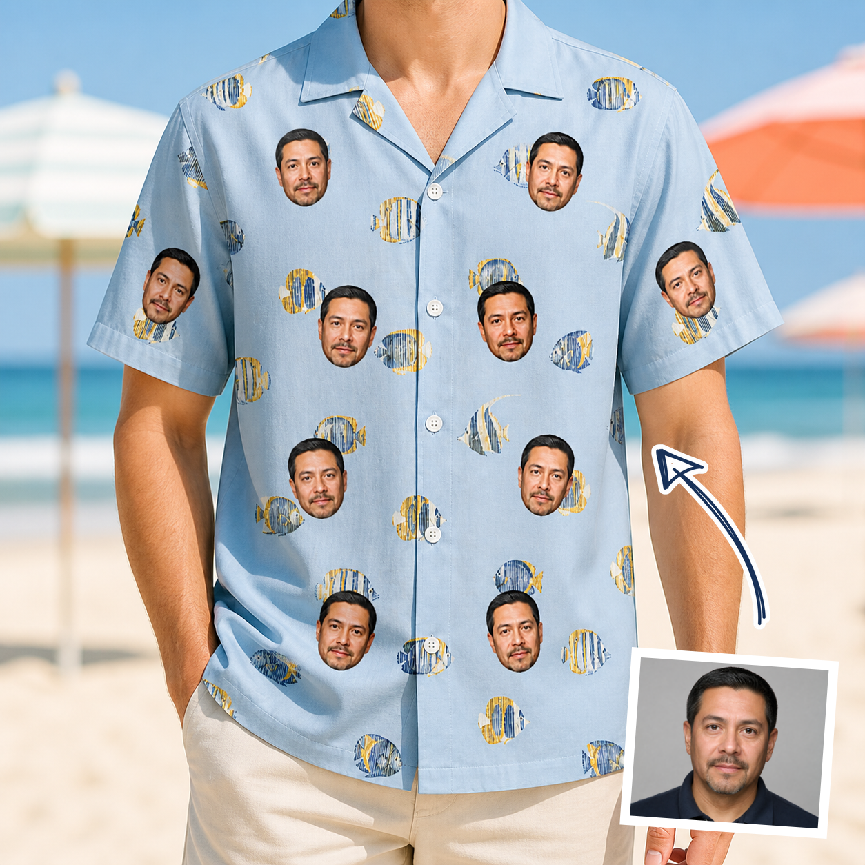 Man wearing Men's Aquatic Antics Custom Face Hawaiian Shirt — custom faces printed all-over