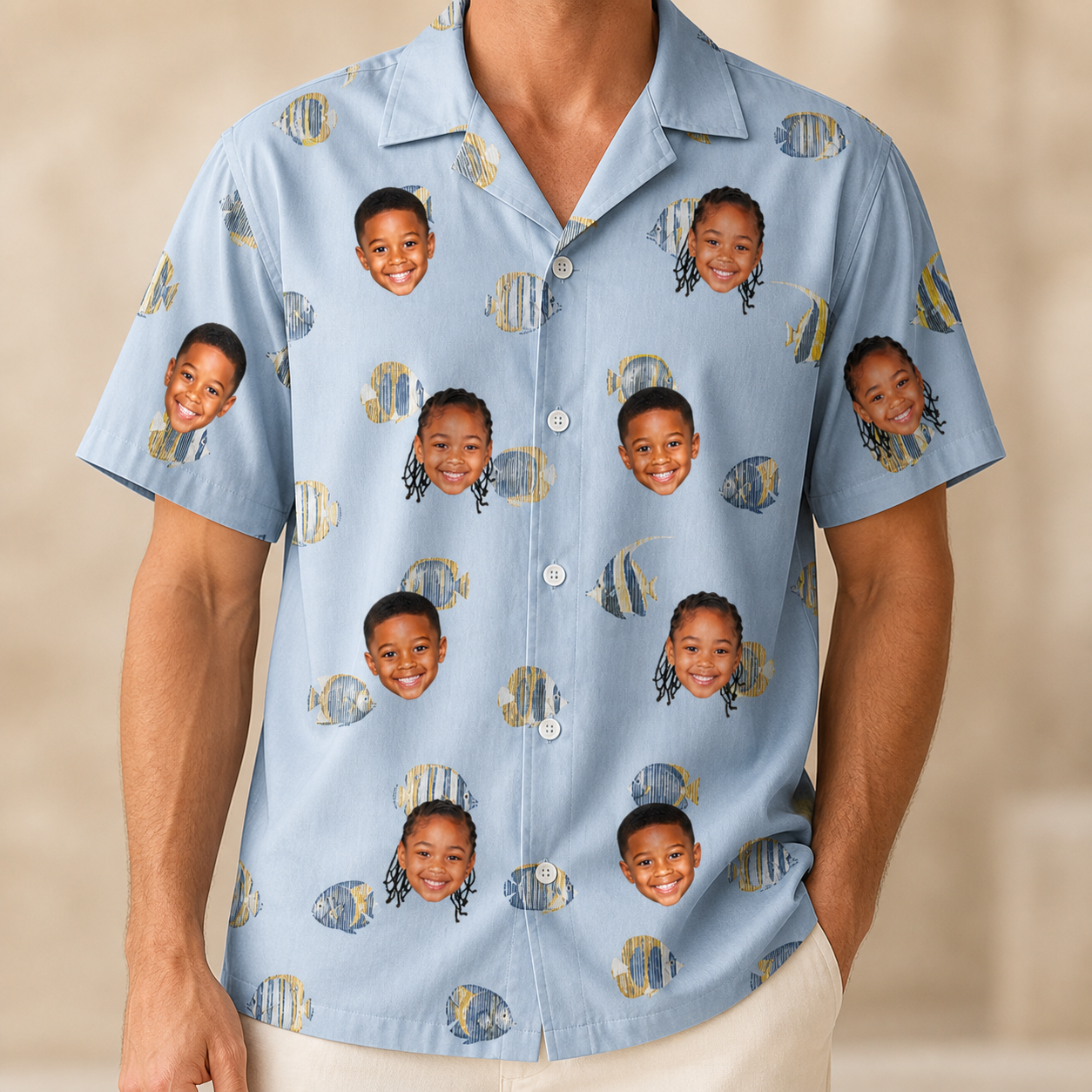 Model wearing Men's Aquatic Antics Custom Face Hawaiian Shirt printed with kids' faces
