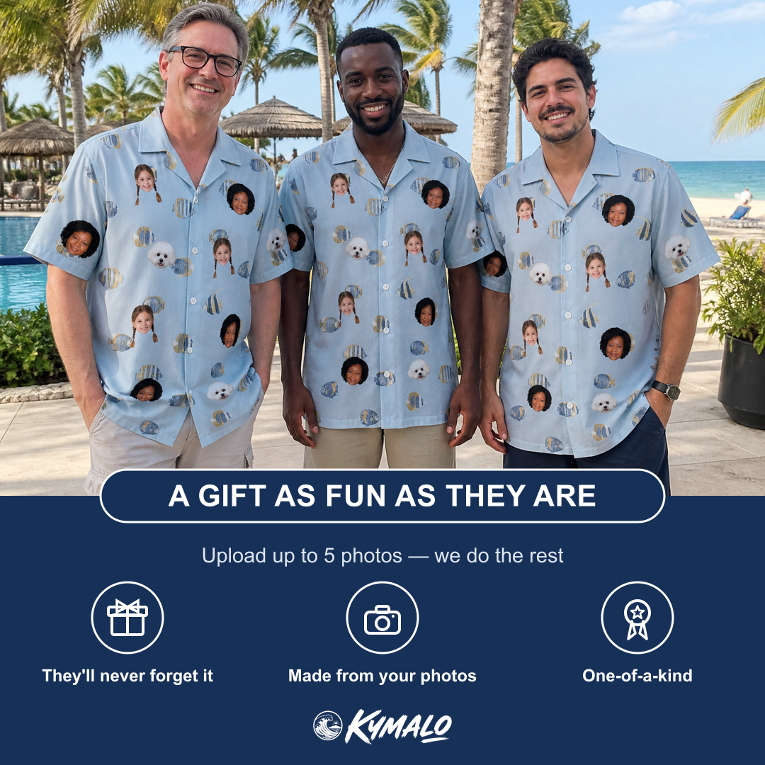 Friends in matching Men's Aquatic Antics Custom Face Hawaiian Shirt — a group gift photo