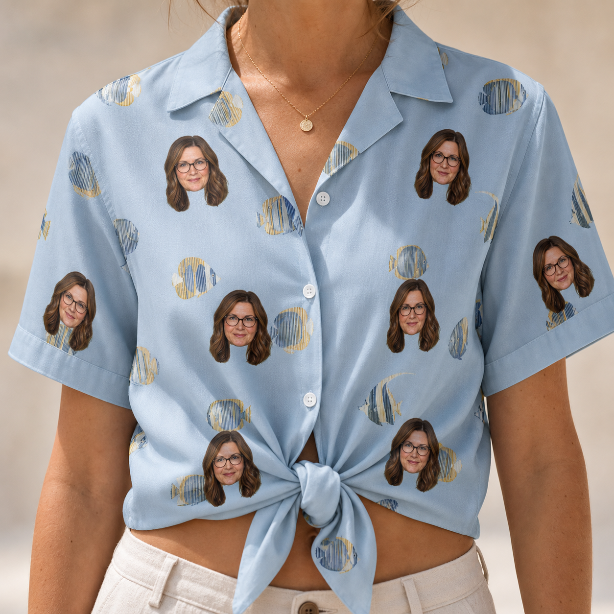 Woman wearing Women's Aquatic Antics Custom Face Hawaiian Shirt tied at the waist