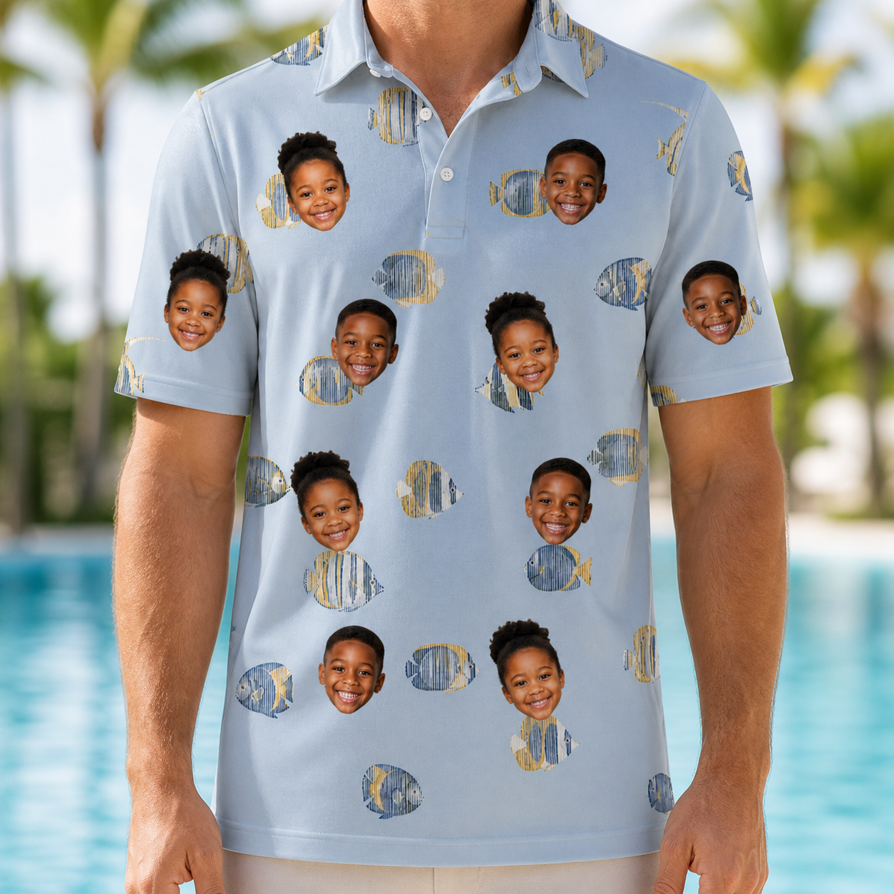 Model wearing Men's Aquatic Antics Custom Face Polo Shirt printed with kids' faces
