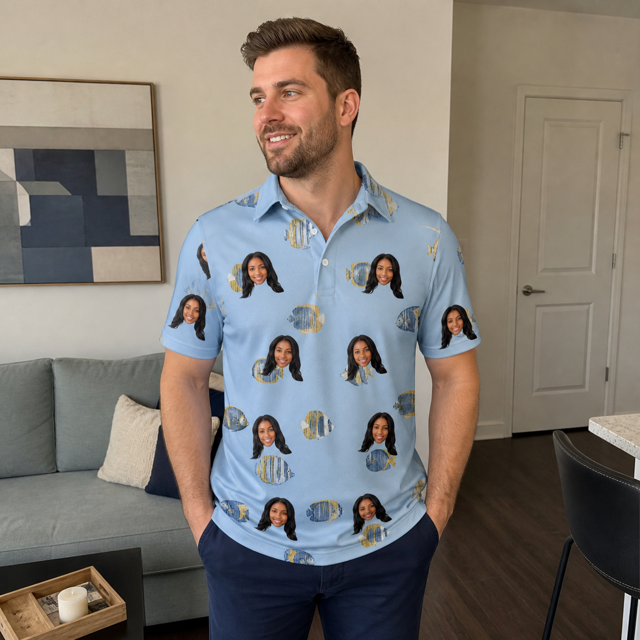 Real-life photo of someone wearing Men's Aquatic Antics Custom Face Polo Shirt — custom faces printed all-over