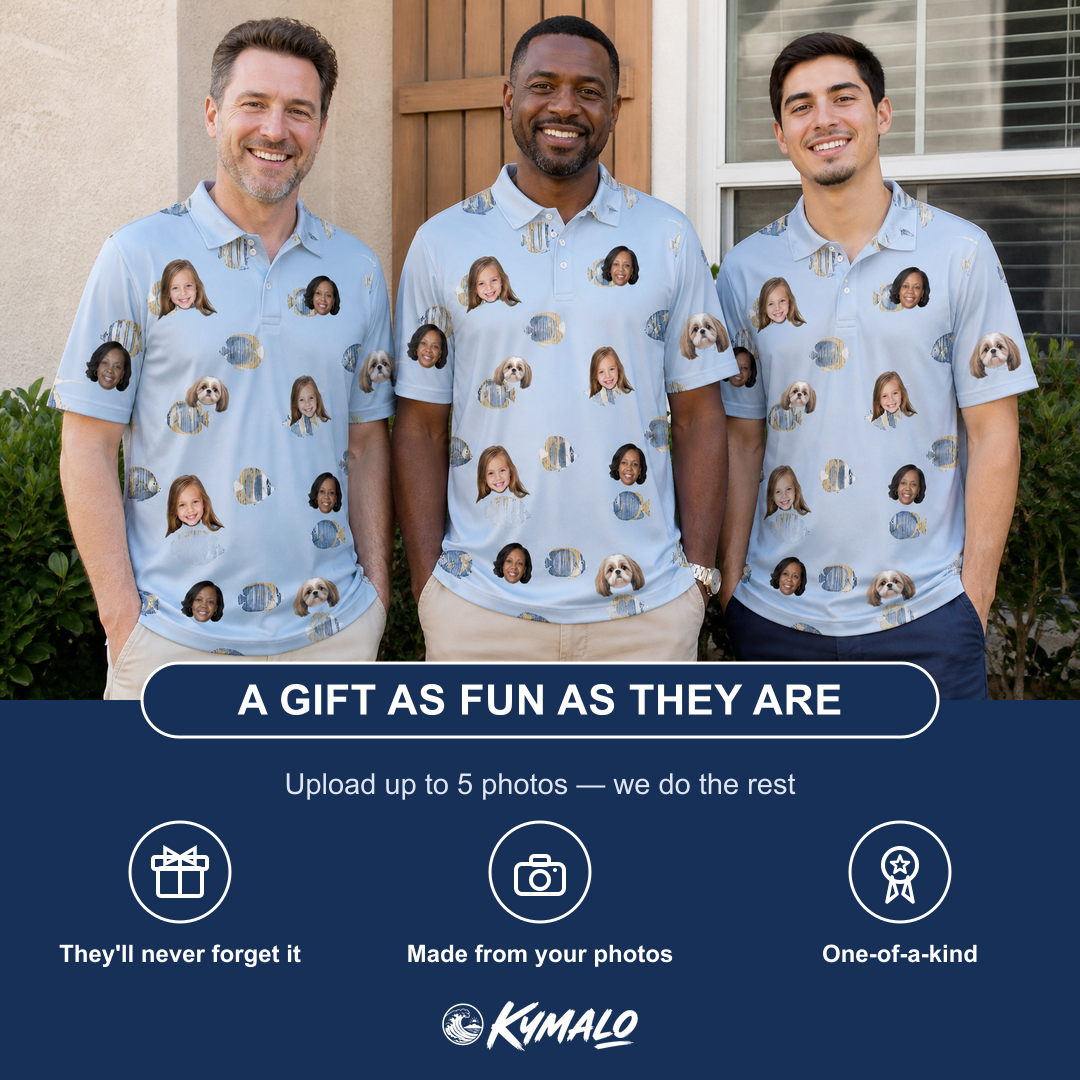 Friends in matching Men's Aquatic Antics Custom Face Polo Shirt — a group gift photo