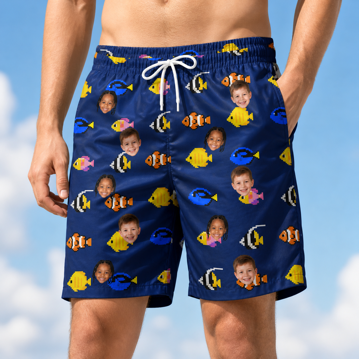 Model wearing Men's Tide Tangos Custom Face Beach Shorts printed with kids' faces