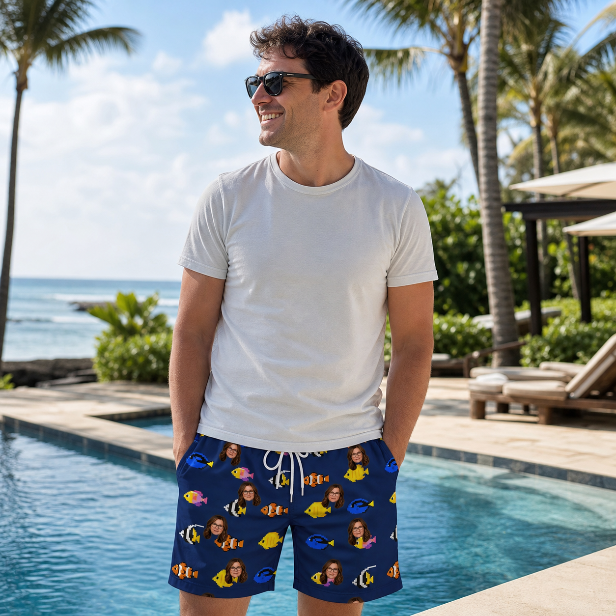 Real-life photo of someone wearing Men's Tide Tangos Custom Face Beach Shorts — custom faces printed all-over