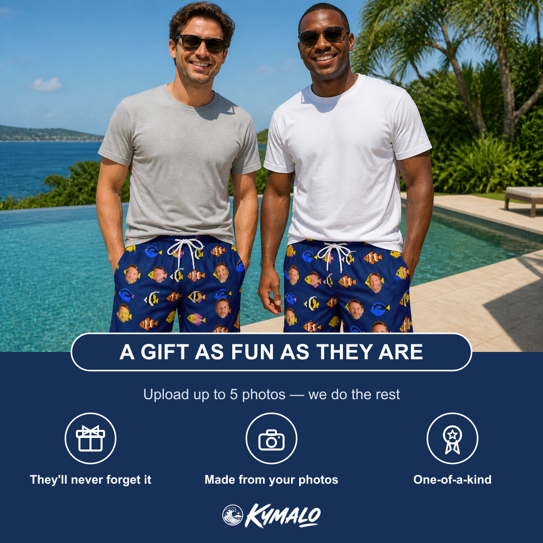 Friends in matching Men's Tide Tangos Custom Face Beach Shorts — a group gift photo