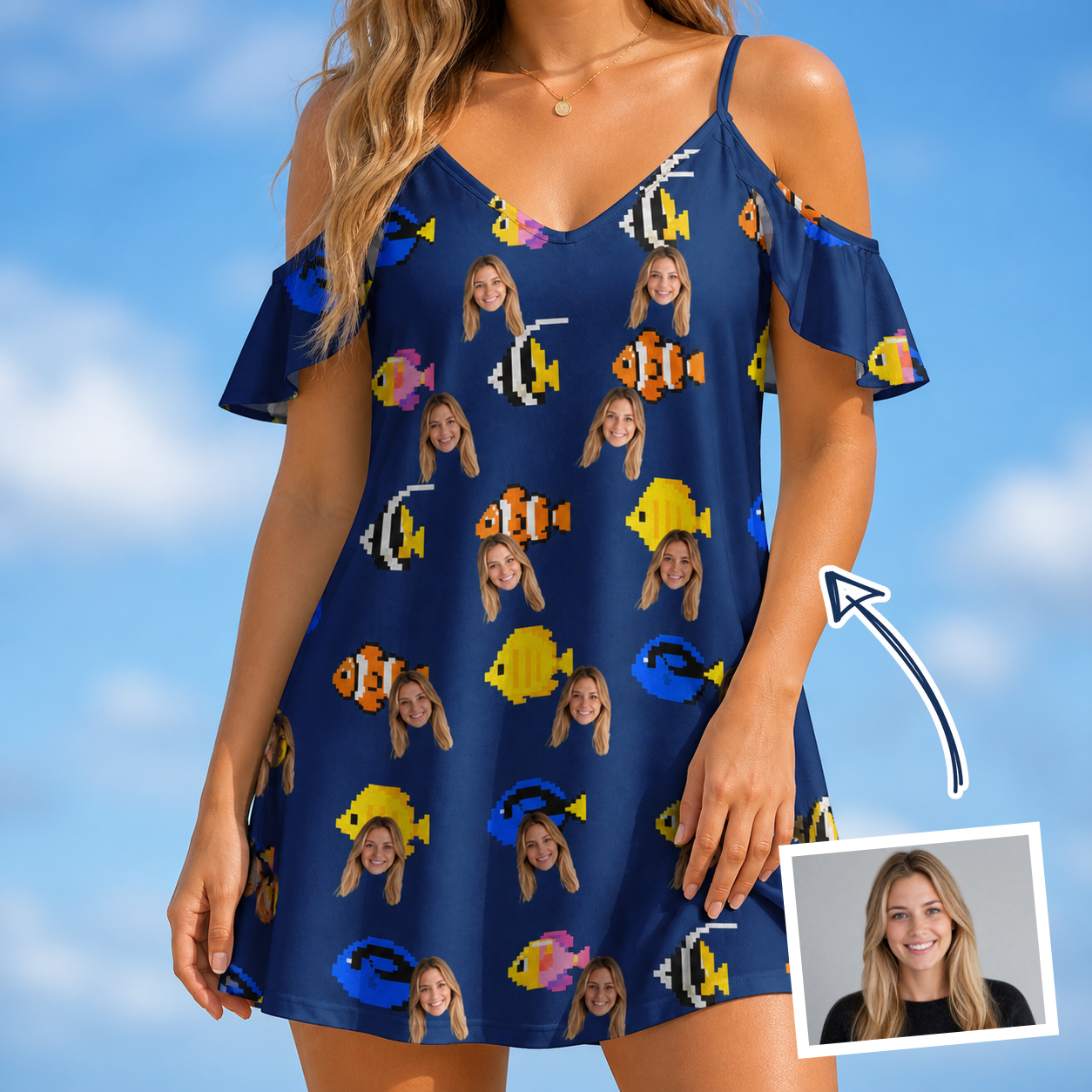 Woman wearing Women's Tide Tangos Custom Face Off-Shoulder Dress — custom faces printed all-over