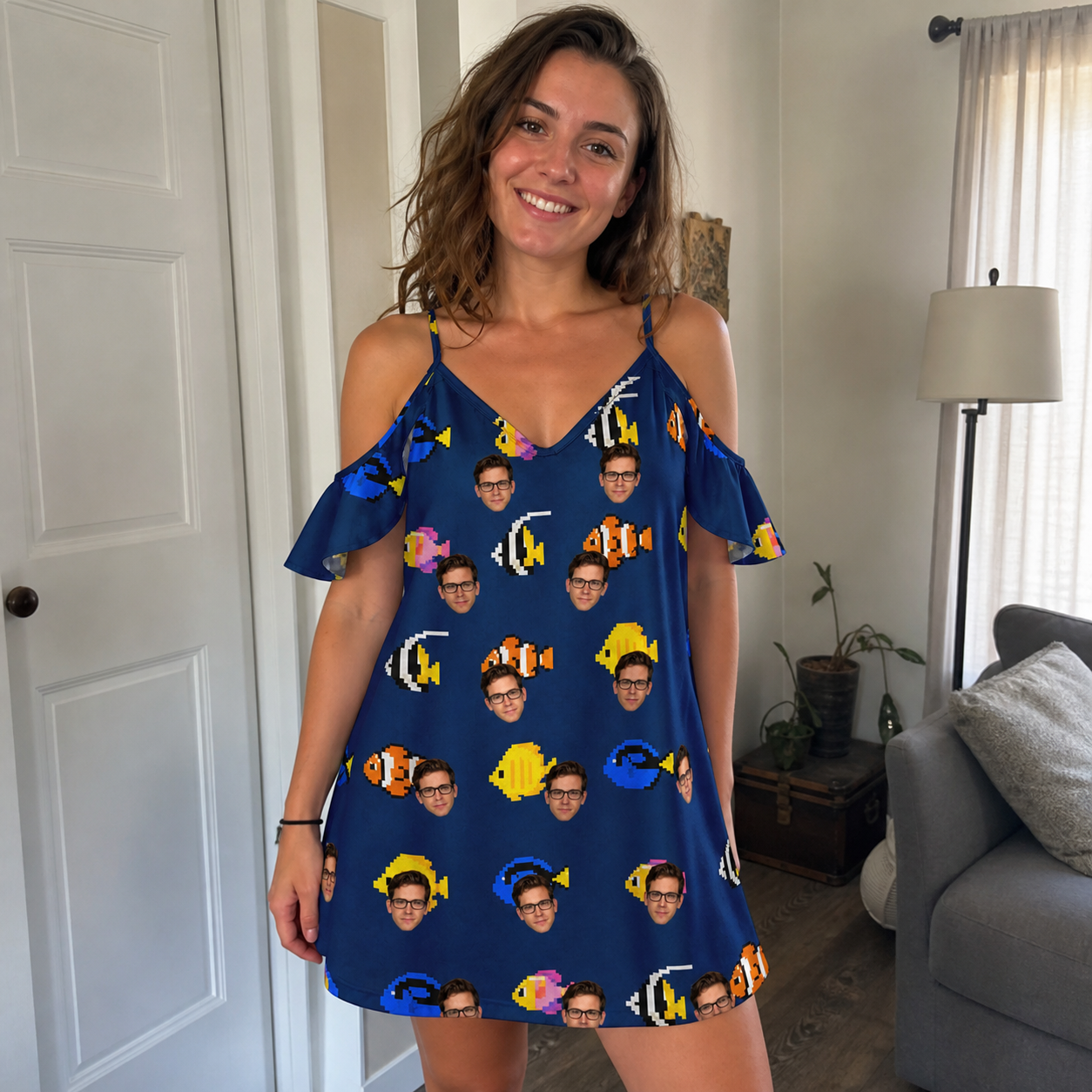 Real-life photo of someone wearing Women's Tide Tangos Custom Face Off-Shoulder Dress — custom faces printed all-over
