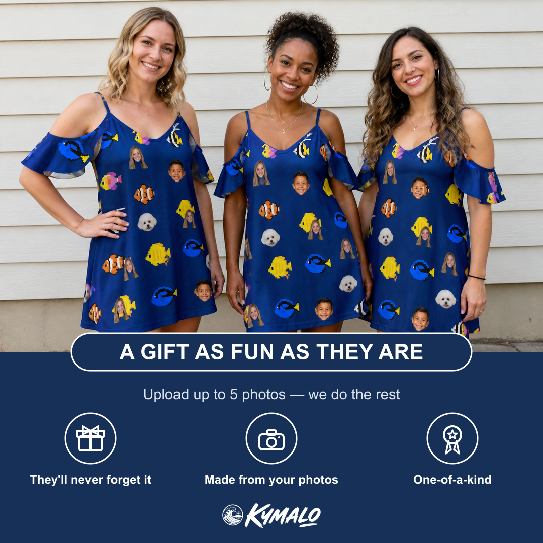 Friends in matching Women's Tide Tangos Custom Face Off-Shoulder Dress — a group gift photo