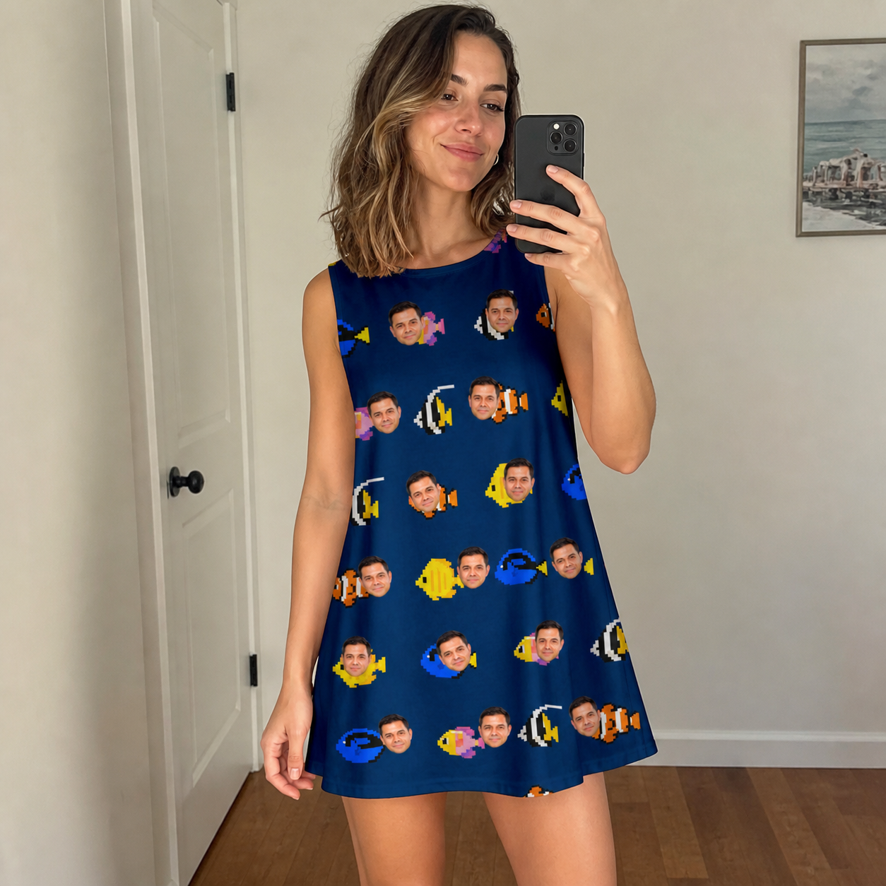 Real-life photo of someone wearing Women's Tide Tangos Custom Face Tank Dress — custom faces printed all-over