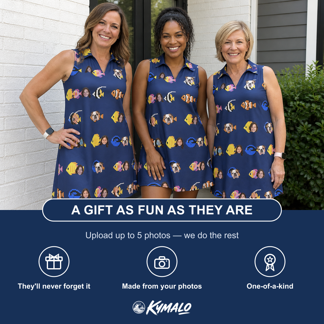Friends in matching Women's Tide Tangos Custom Face V-Neck Dress — a group gift photo