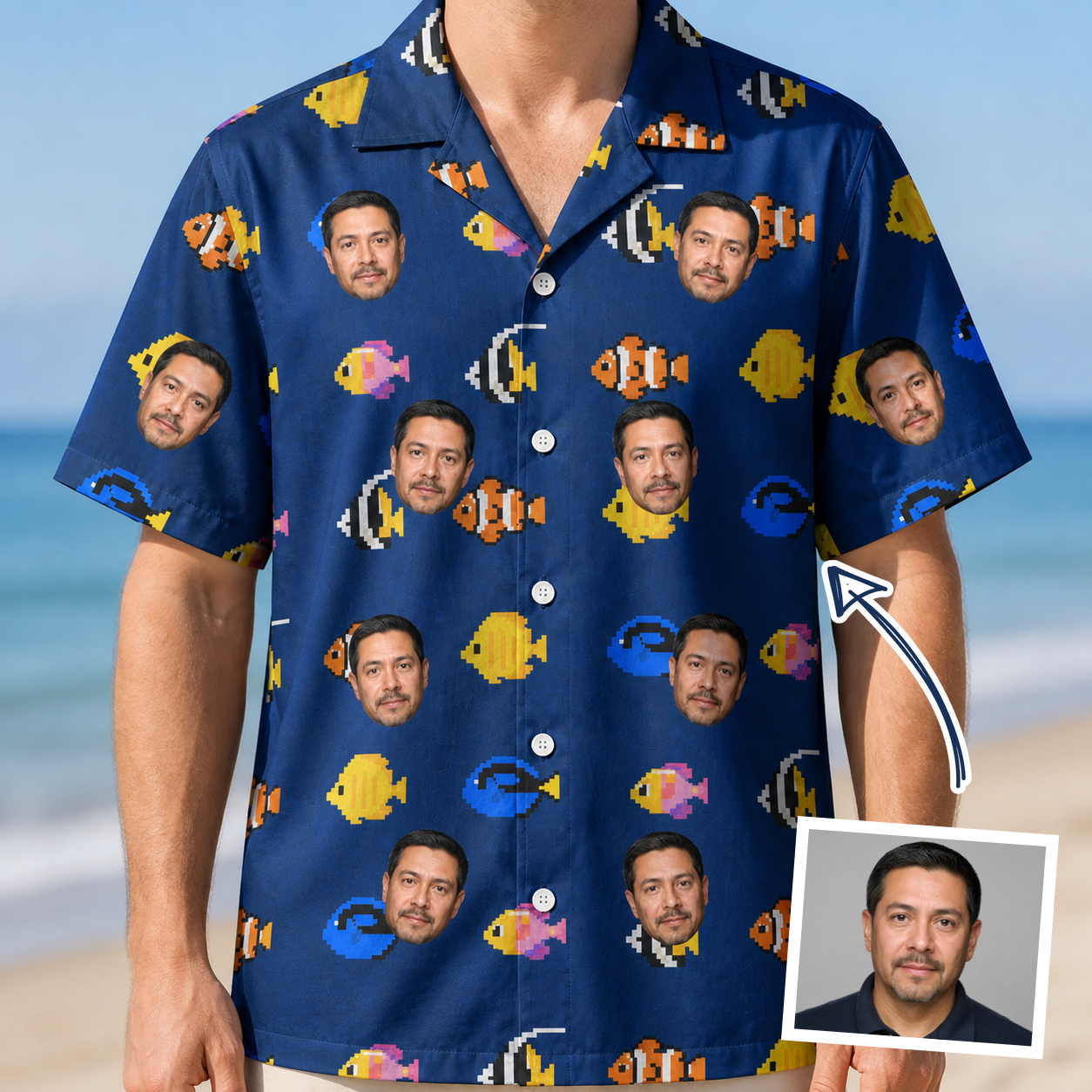 Man wearing Men's Tide Tangos Custom Face Hawaiian Shirt — custom faces printed all-over