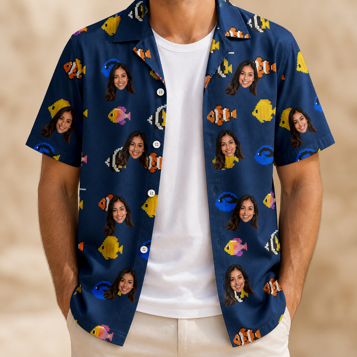 Man wearing Men's Tide Tangos Custom Face Hawaiian Shirt open over a white tee