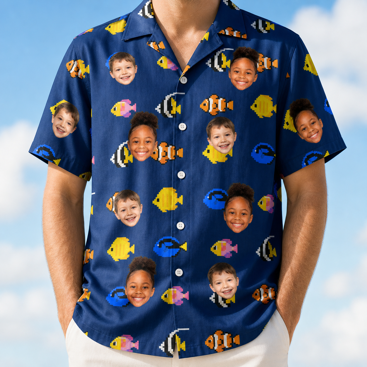 Model wearing Men's Tide Tangos Custom Face Hawaiian Shirt printed with kids' faces
