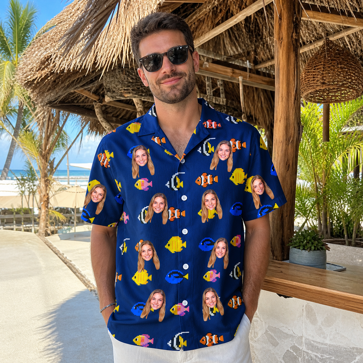 Real-life photo of someone wearing Men's Tide Tangos Custom Face Hawaiian Shirt — custom faces printed all-over