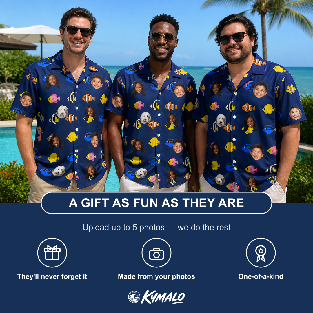 Friends in matching Men's Tide Tangos Custom Face Hawaiian Shirt — a group gift photo