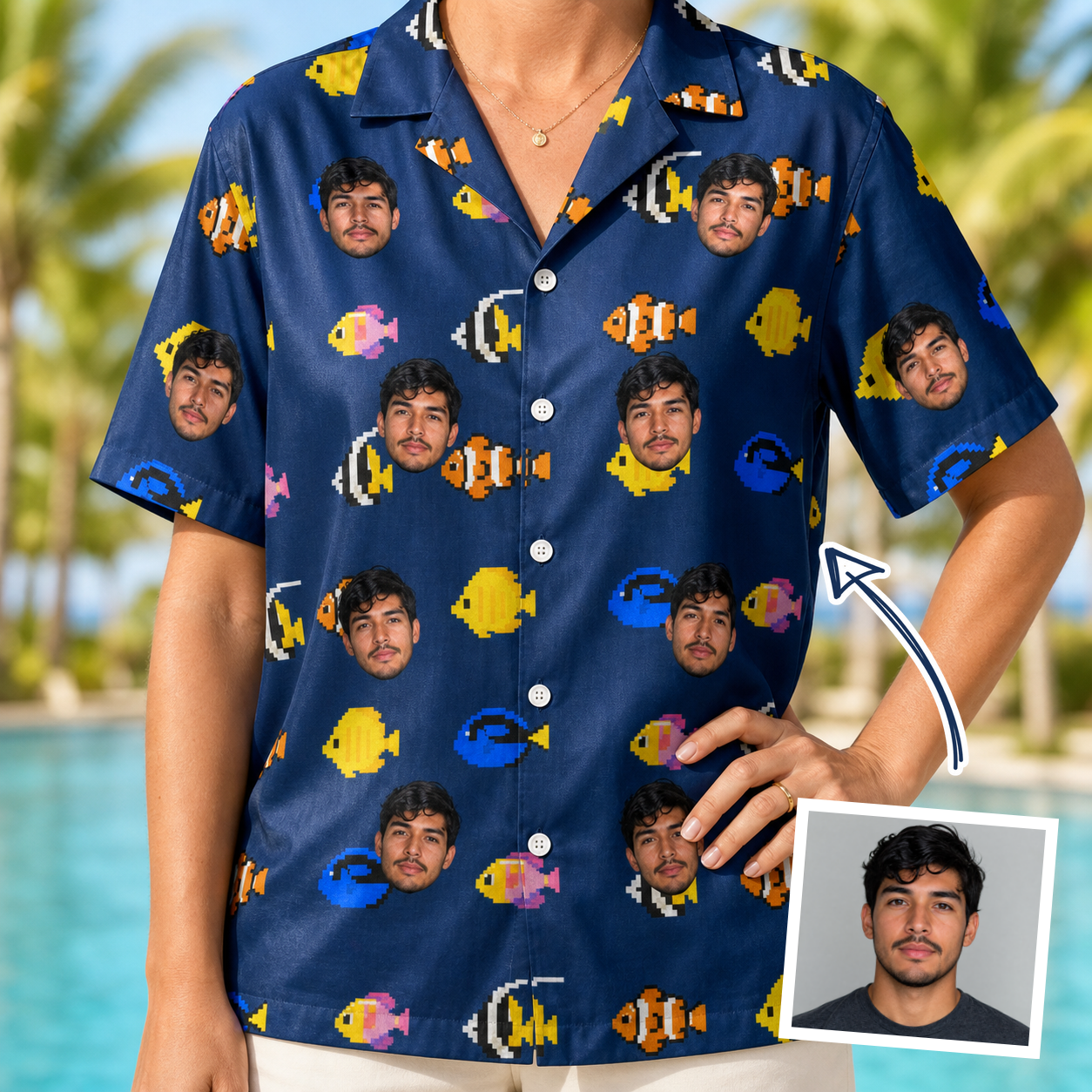Woman wearing Women's Tide Tangos Custom Face Hawaiian Shirt — custom faces printed all-over