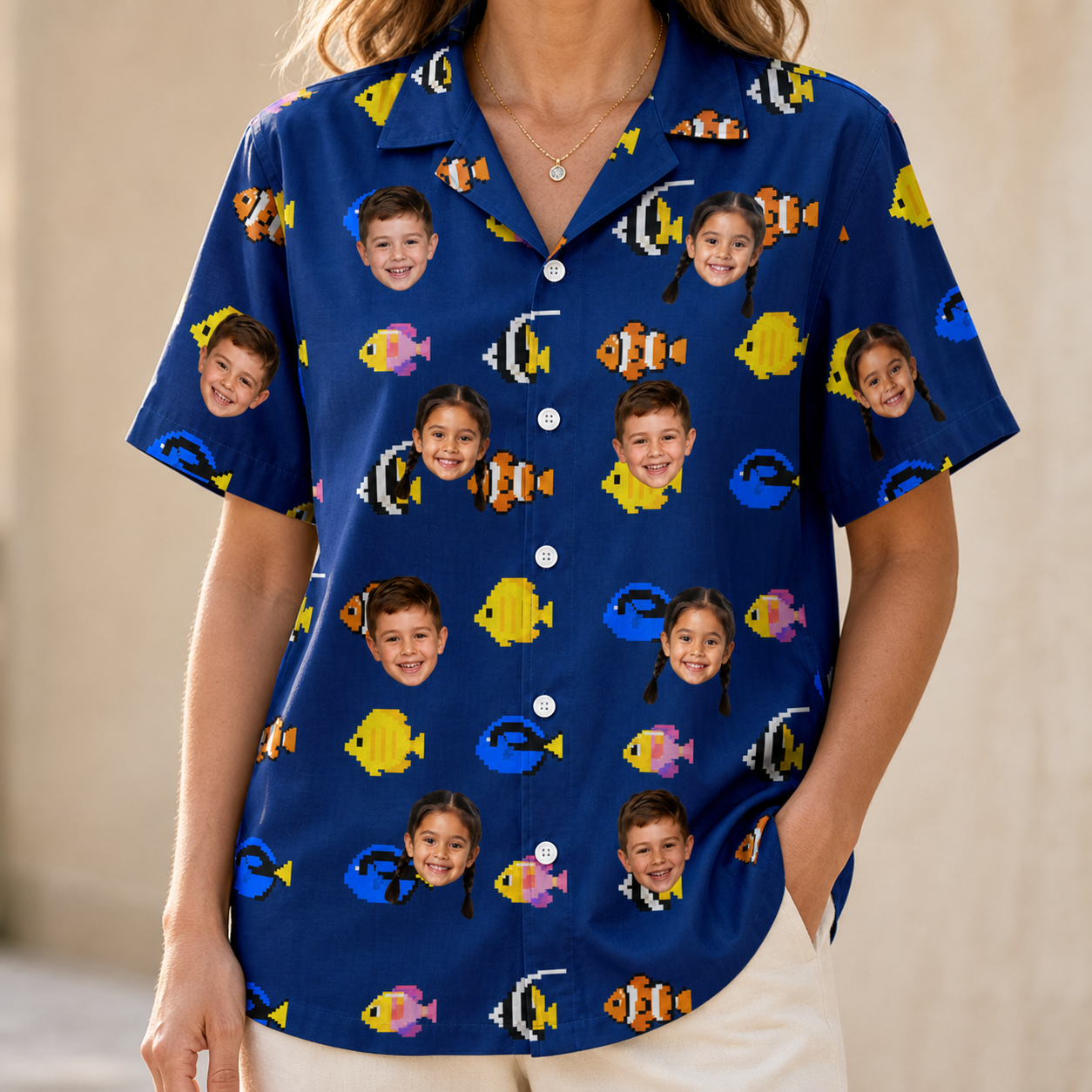 Model wearing Women's Tide Tangos Custom Face Hawaiian Shirt printed with kids' faces